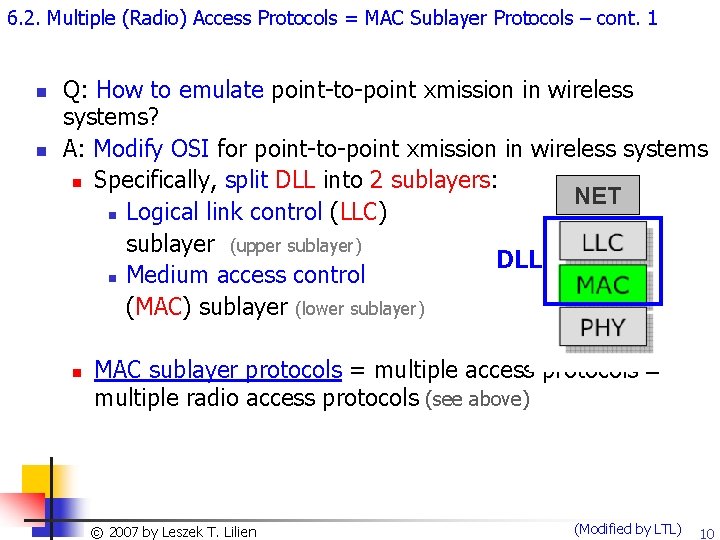 6. 2. Multiple (Radio) Access Protocols = MAC Sublayer Protocols – cont. 1 n