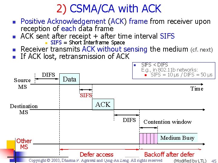 2) CSMA/CA with ACK n n Positive Acknowledgement (ACK) frame from receiver upon reception