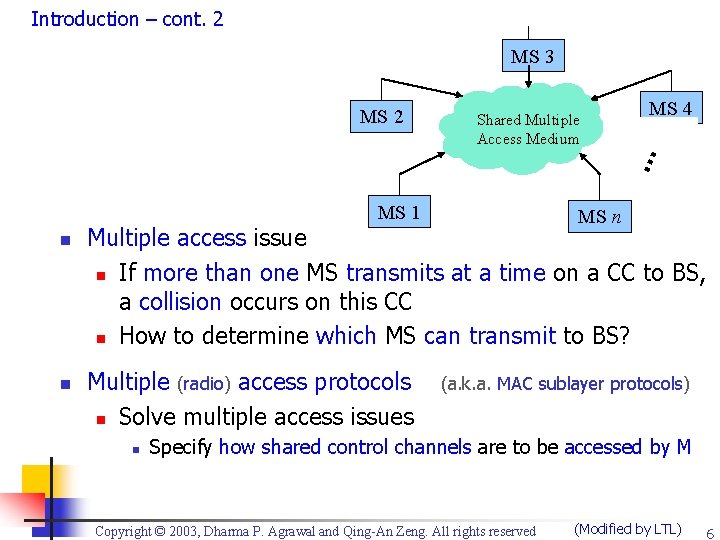 Introduction – cont. 2 MS 3 Shared Multiple Access Medium MS 1 n n