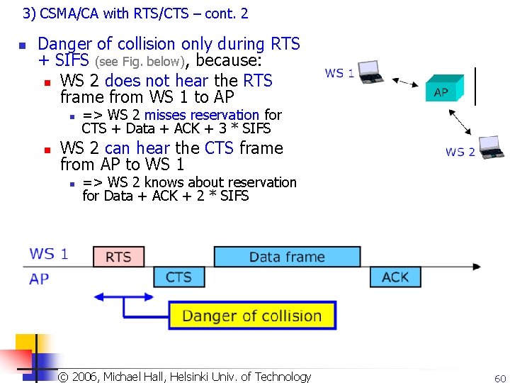 3) CSMA/CA with RTS/CTS – cont. 2 n Danger of collision only during RTS