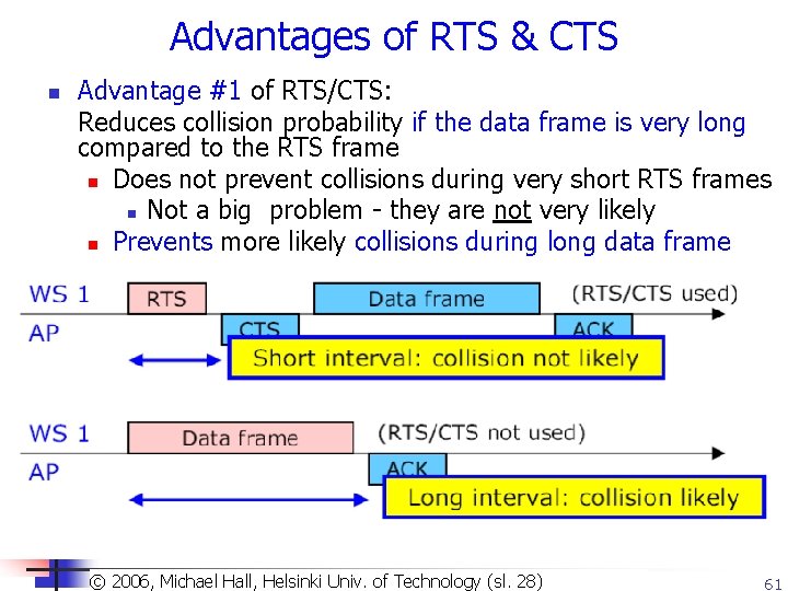 Advantages of RTS & CTS n Advantage #1 of RTS/CTS: Reduces collision probability if