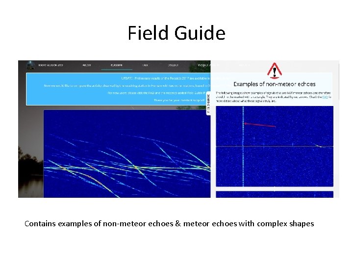 Field Guide Contains examples of non-meteor echoes & meteor echoes with complex shapes 