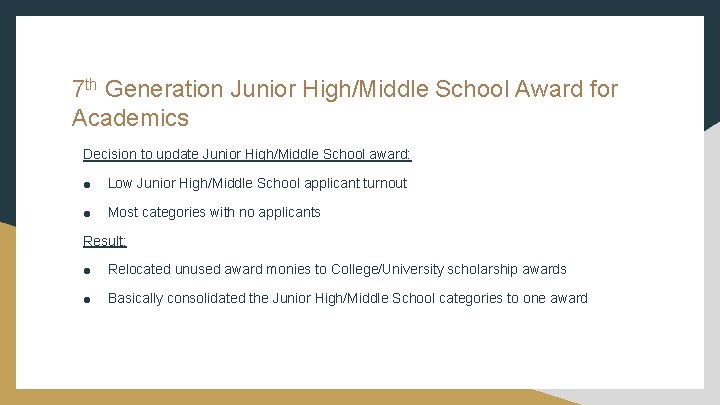 7 th Generation Junior High/Middle School Award for Academics Decision to update Junior High/Middle 7 th Generation Junior High/Middle School Award for Academics Decision to update Junior High/Middle