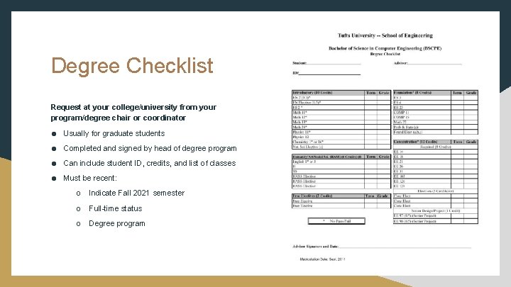 Degree Checklist Request at your college/university from your program/degree chair or coordinator ● Usually Degree Checklist Request at your college/university from your program/degree chair or coordinator ● Usually