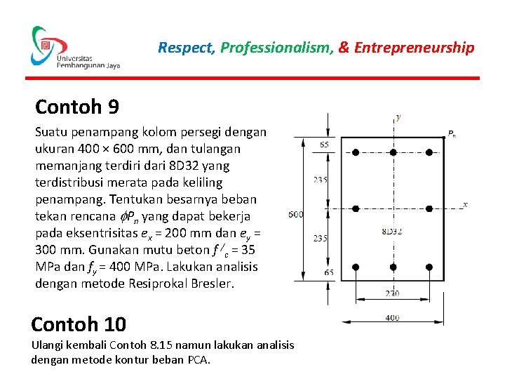 Respect, Professionalism, & Entrepreneurship Contoh 9 Suatu penampang kolom persegi dengan ukuran 400 ×