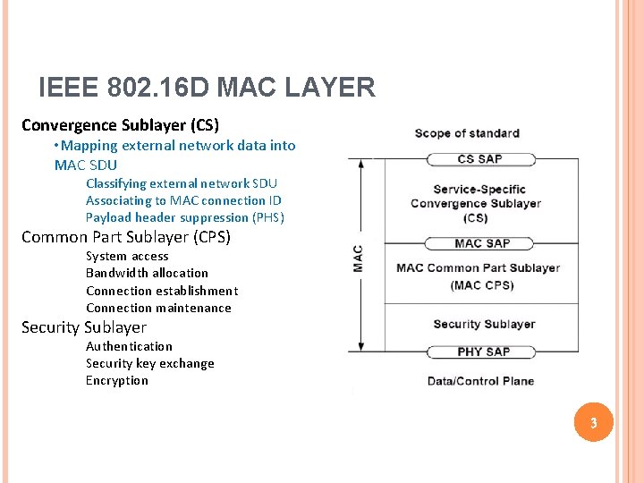 IEEE 802. 16 D MAC LAYER Convergence Sublayer (CS) • Mapping external network data