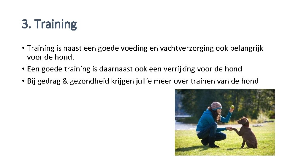 3. Training • Training is naast een goede voeding en vachtverzorging ook belangrijk voor