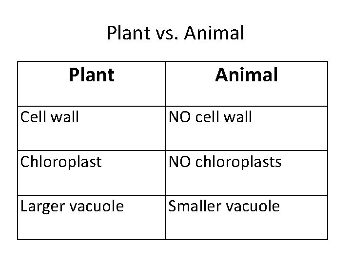 Plant vs. Animal Plant Animal Cell wall NO cell wall Chloroplast NO chloroplasts Larger Plant vs. Animal Plant Animal Cell wall NO cell wall Chloroplast NO chloroplasts Larger