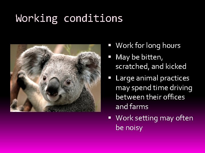 Working conditions Work for long hours May be bitten, scratched, and kicked Large animal