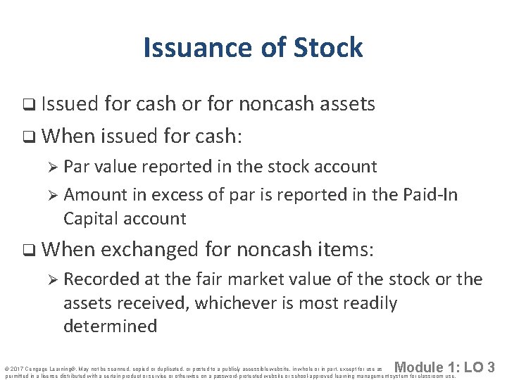 Issuance of Stock q Issued for cash or for noncash assets q When issued