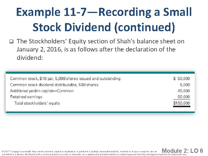 Example 11 -7—Recording a Small Stock Dividend (continued) q The Stockholders’ Equity section of