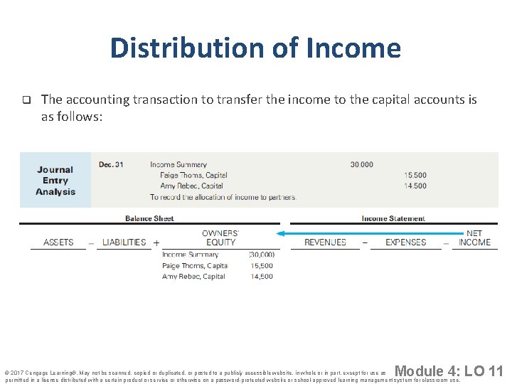 Distribution of Income q The accounting transaction to transfer the income to the capital