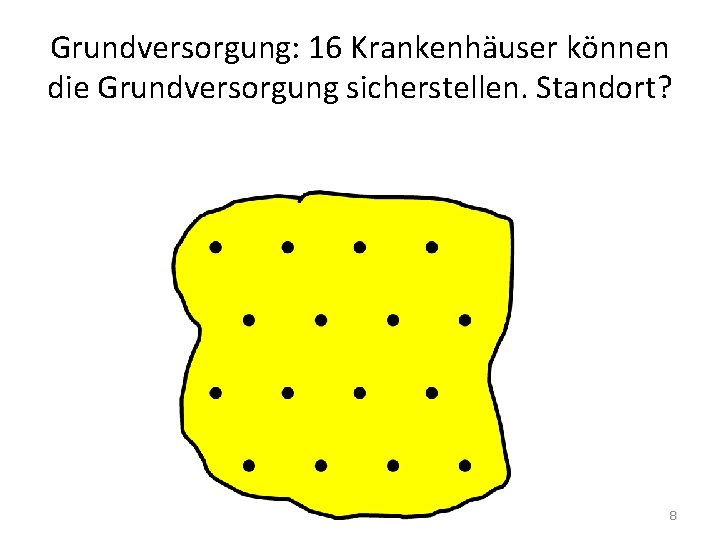 Grundversorgung: 16 Krankenhäuser können die Grundversorgung sicherstellen. Standort? 8 