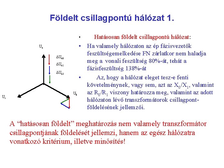 Földelt csillagpontú hálózat 1. Hatásosan földelt csillagpontú hálózat: • Ha valamely hálózaton az ép