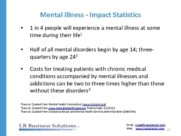 Mental Illness – Impact Statistics • 1 in 4 people will experience a mental