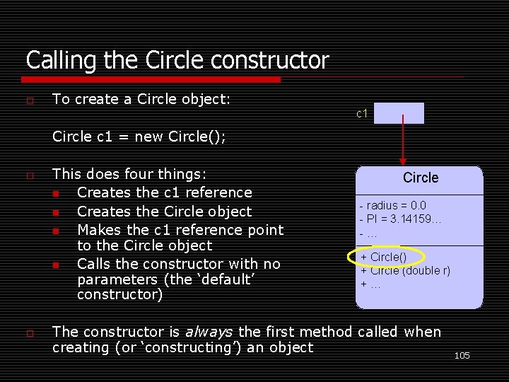 Calling the Circle constructor o To create a Circle object: c 1 Circle c