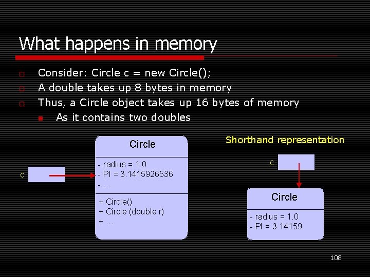 What happens in memory o o o Consider: Circle c = new Circle(); A