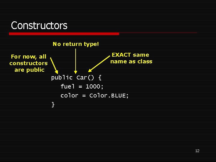 Constructors No return type! For now, all constructors are public EXACT same name as