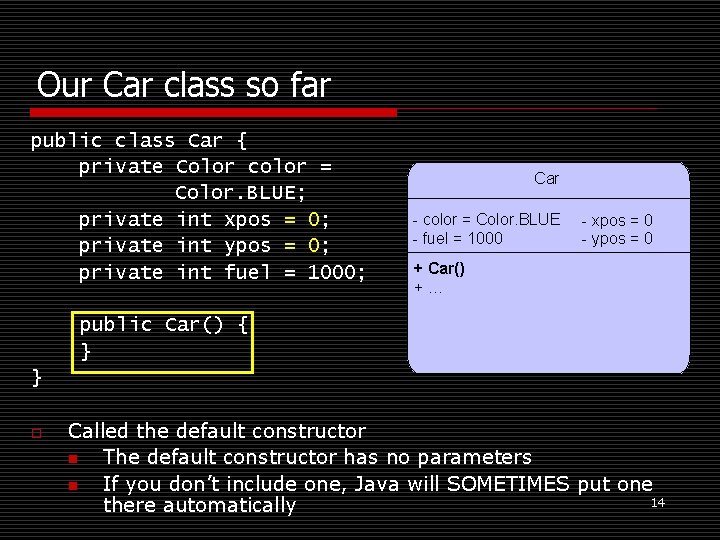 Our Car class so far public class Car { private Color color = Color.