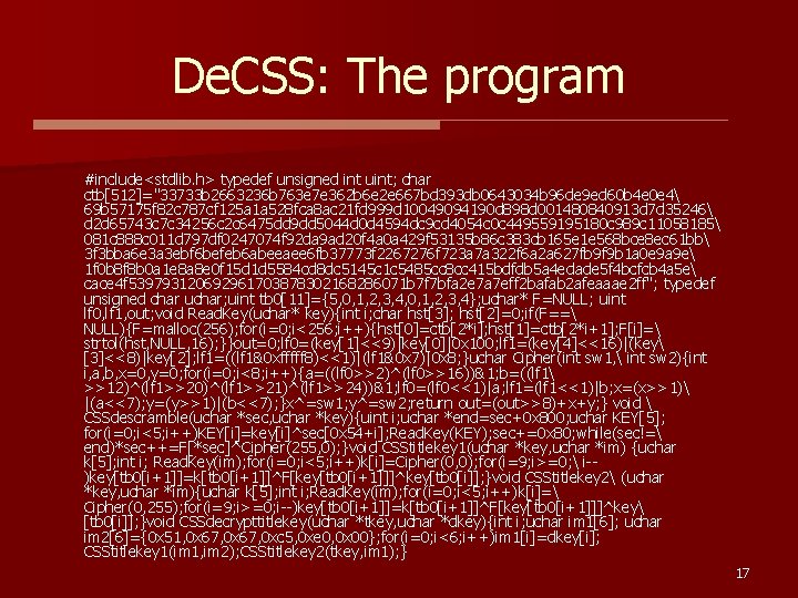 De. CSS: The program #include<stdlib. h> typedef unsigned int uint; char ctb[512]="33733 b 2663236