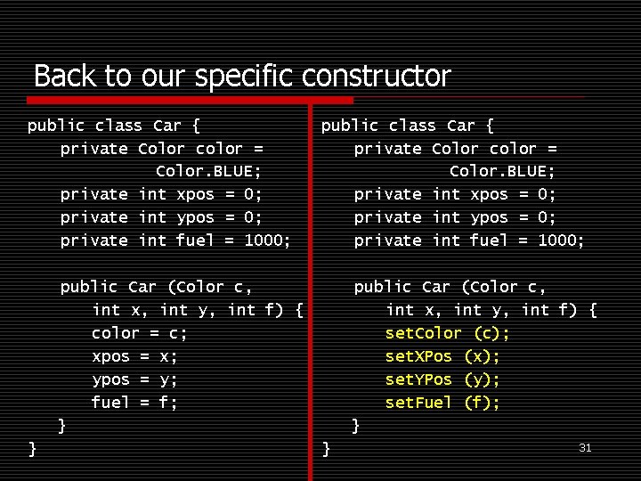 Back to our specific constructor public class Car { private Color color = Color.