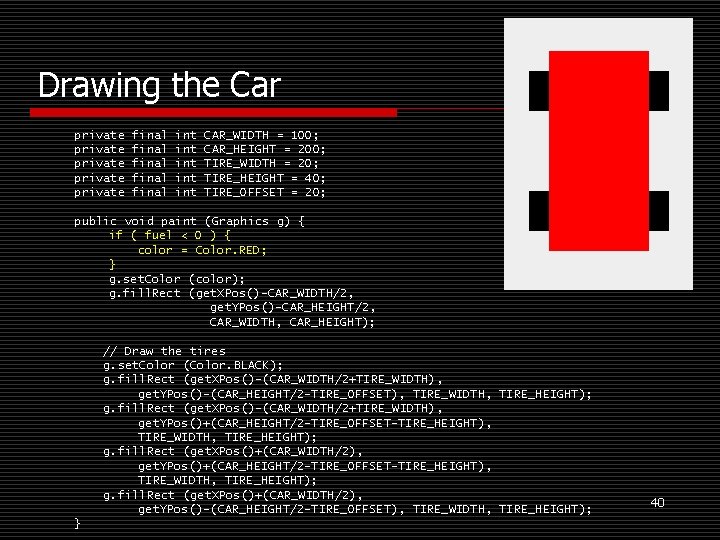 Drawing the Car private private final final int int int CAR_WIDTH = 100; CAR_HEIGHT