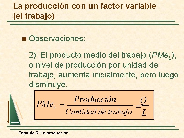 La producción con un factor variable (el trabajo) n Observaciones: 2) El producto medio