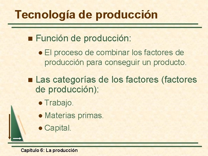 Tecnología de producción n Función de producción: l n El proceso de combinar los