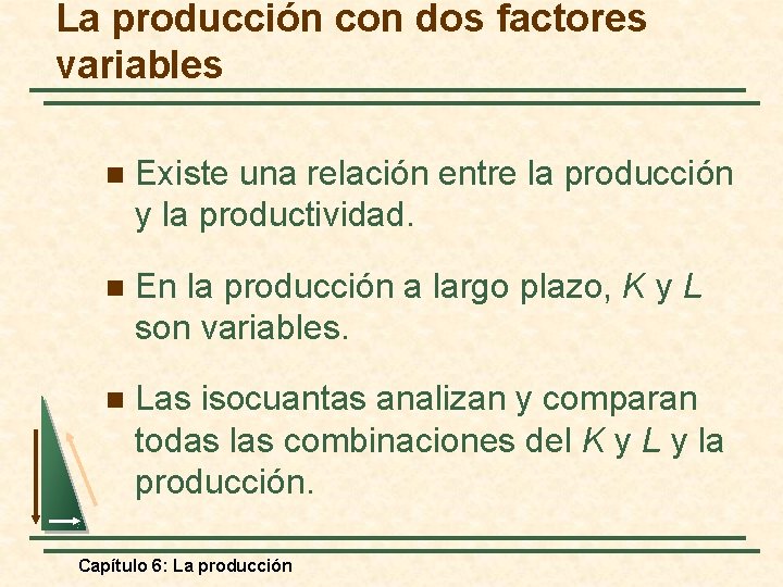 La producción con dos factores variables n Existe una relación entre la producción y