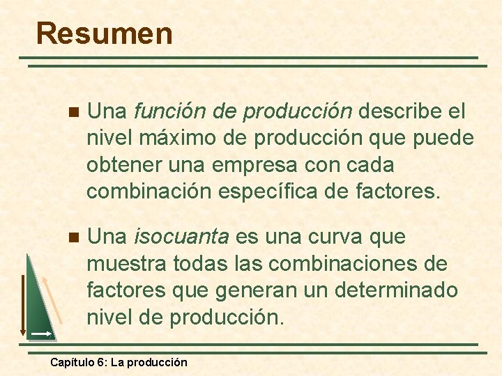 Resumen n Una función de producción describe el nivel máximo de producción que puede