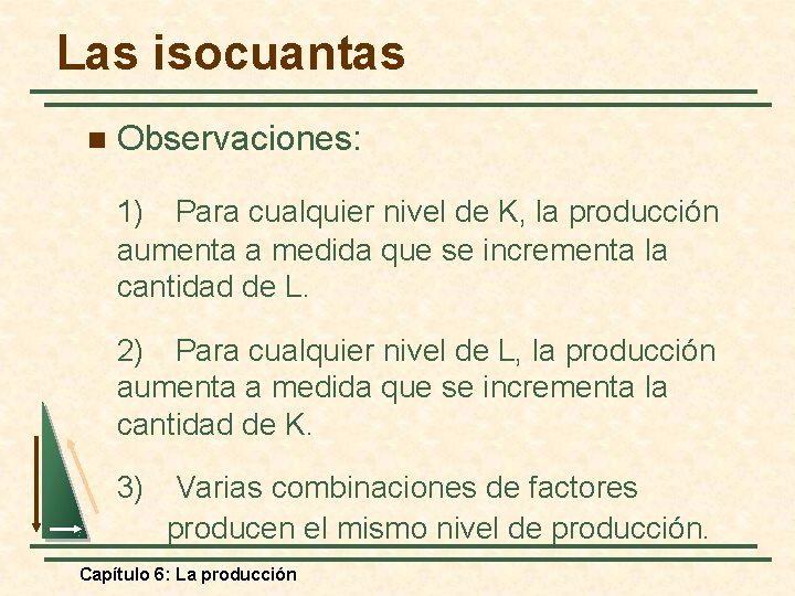 Las isocuantas n Observaciones: 1) Para cualquier nivel de K, la producción aumenta a