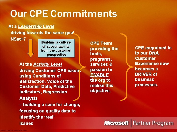 Our CPE Commitments At a Leadership Level driving towards the same goal NSat+7 Building