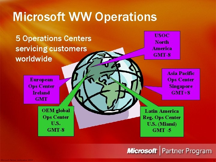 Microsoft WW Operations 5 Operations Centers servicing customers worldwide European Ops Center Ireland GMT