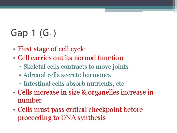 Gap 1 (G 1) • First stage of cell cycle • Cell carries out