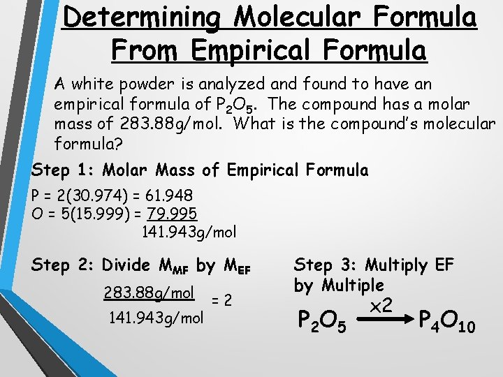 Determining Molecular Formula From Empirical Formula A white powder is analyzed and found to