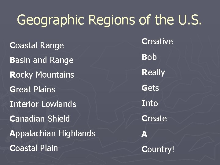 Geographic Regions of the U. S. Coastal Range Creative Basin and Range Bob Rocky