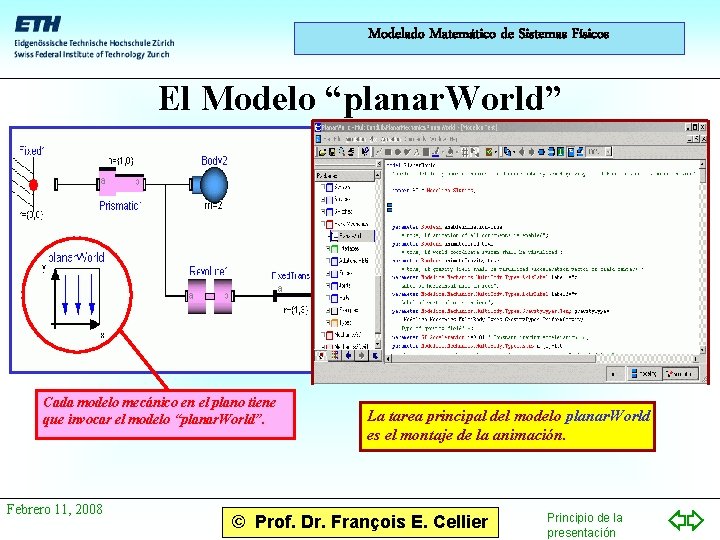Modelado Matemático de Sistemas Físicos El Modelo “planar. World” Cada modelo mecánico en el