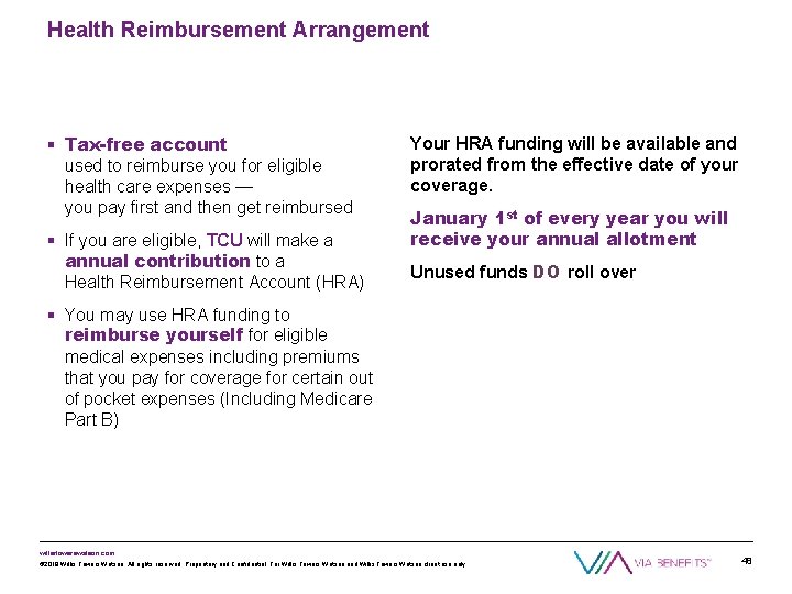 Health Reimbursement Arrangement § Tax-free account used to reimburse you for eligible health care