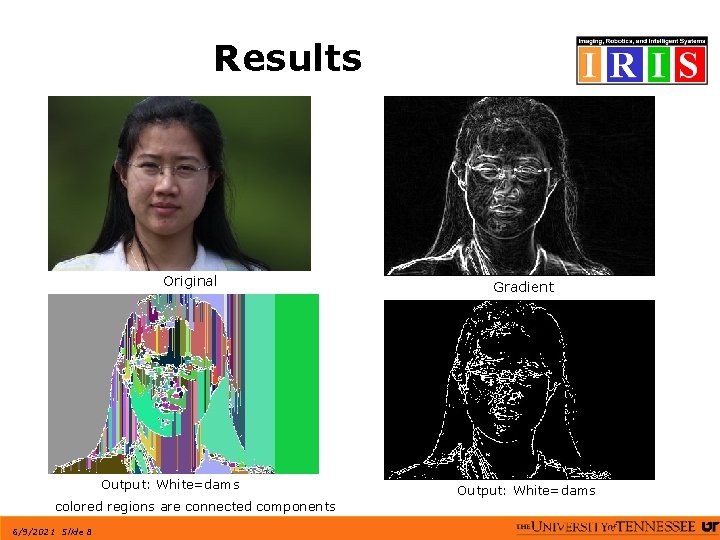 Results Original Output: White=dams colored regions are connected components 6/9/2021 Slide 8 Gradient Output: