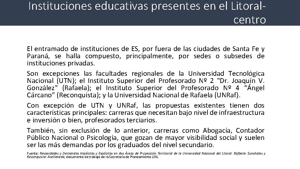 Instituciones educativas presentes en el Litoralcentro El entramado de instituciones de ES, por fuera