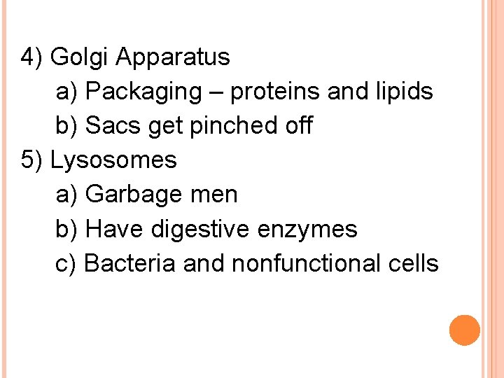 4) Golgi Apparatus a) Packaging – proteins and lipids b) Sacs get pinched off