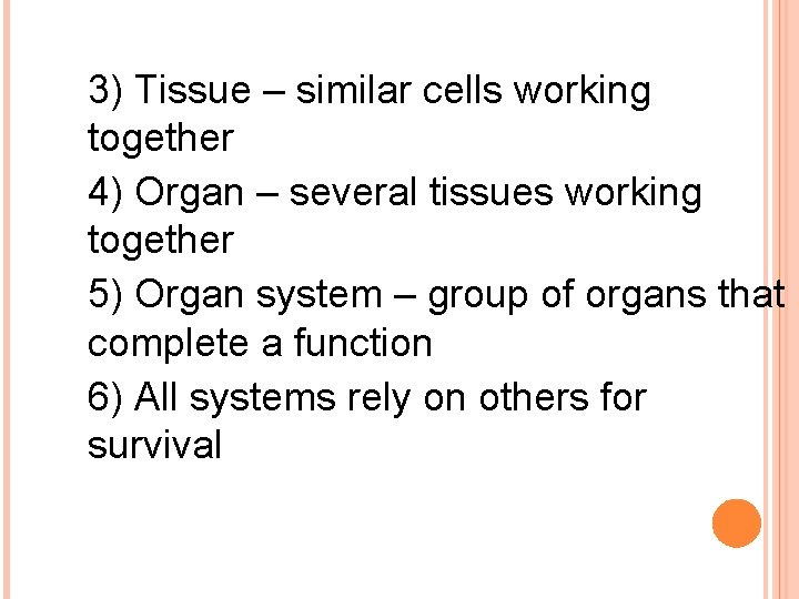 3) Tissue – similar cells working together 4) Organ – several tissues working together