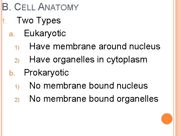 B. CELL ANATOMY 1. Two Types a. Eukaryotic 1) Have membrane around nucleus 2)