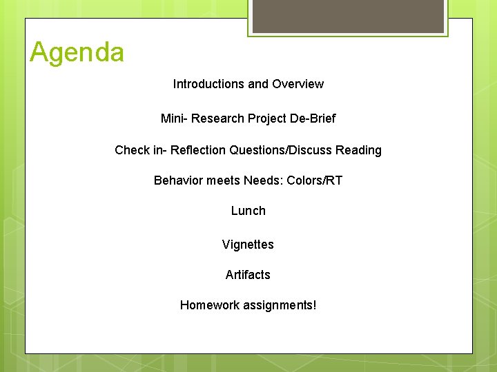 Agenda Introductions and Overview Mini- Research Project De-Brief Check in- Reflection Questions/Discuss Reading Behavior