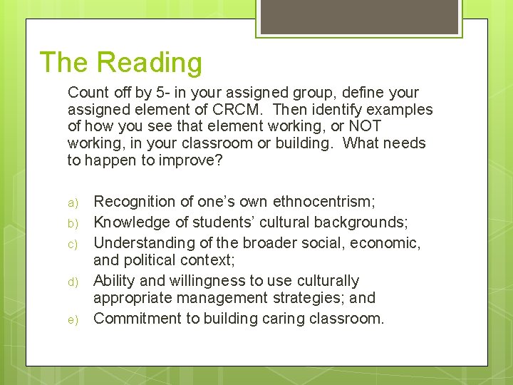 The Reading Count off by 5 - in your assigned group, define your assigned