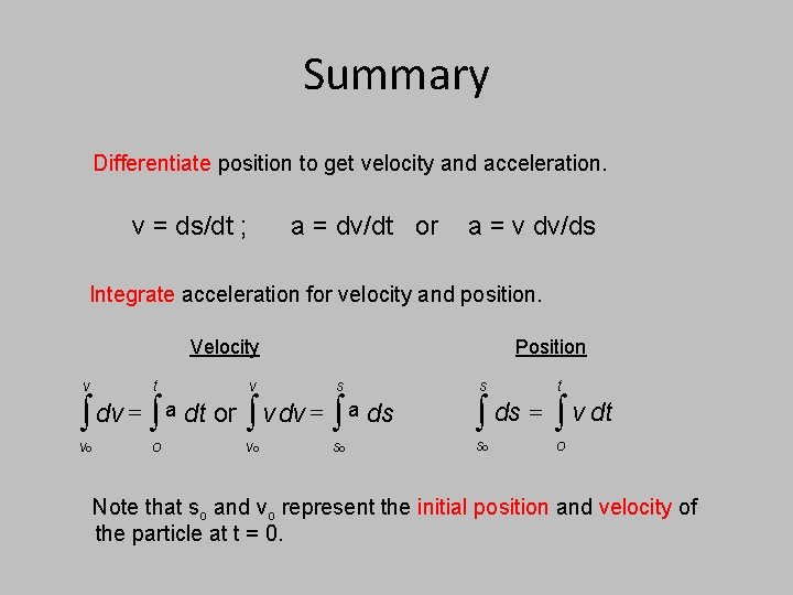 Summary Differentiate position to get velocity and acceleration. v = ds/dt ; a =