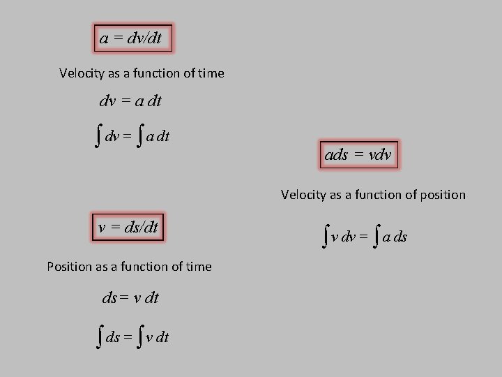 a = dv/dt Velocity as a function of time dv = a dt ò