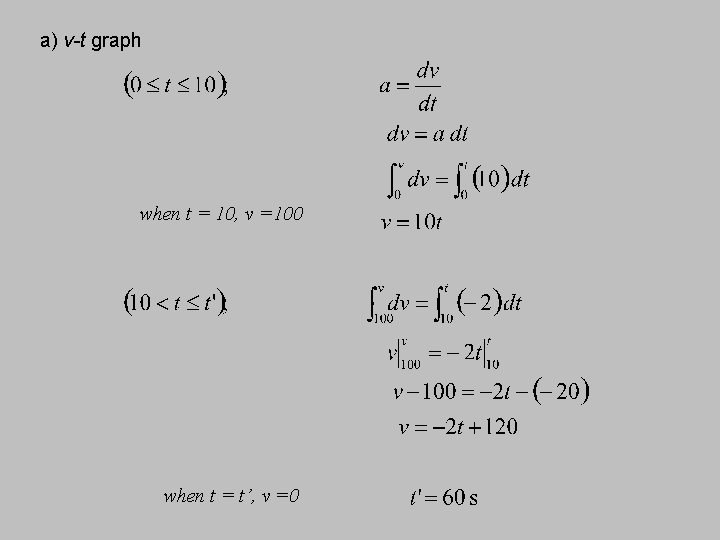 a) v-t graph when t = 10, v =100 when t = t’, v