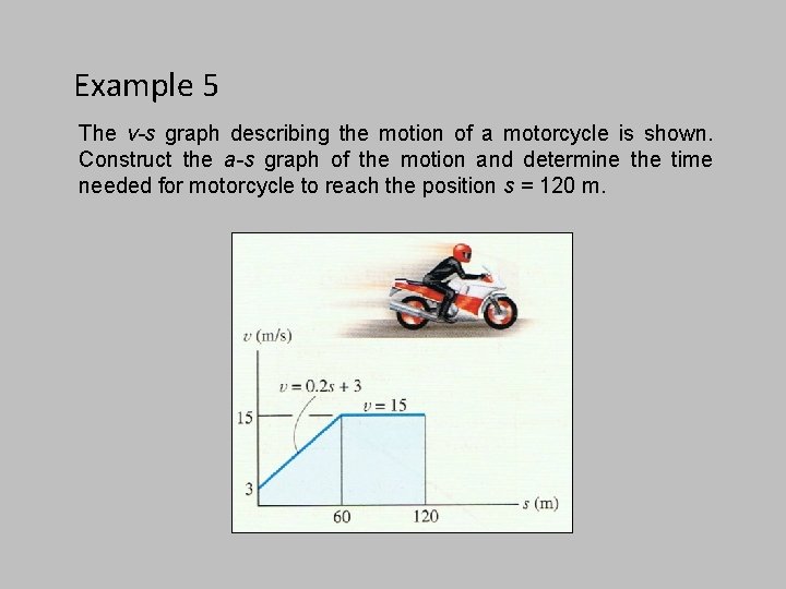 Example 5 The v-s graph describing the motion of a motorcycle is shown. Construct