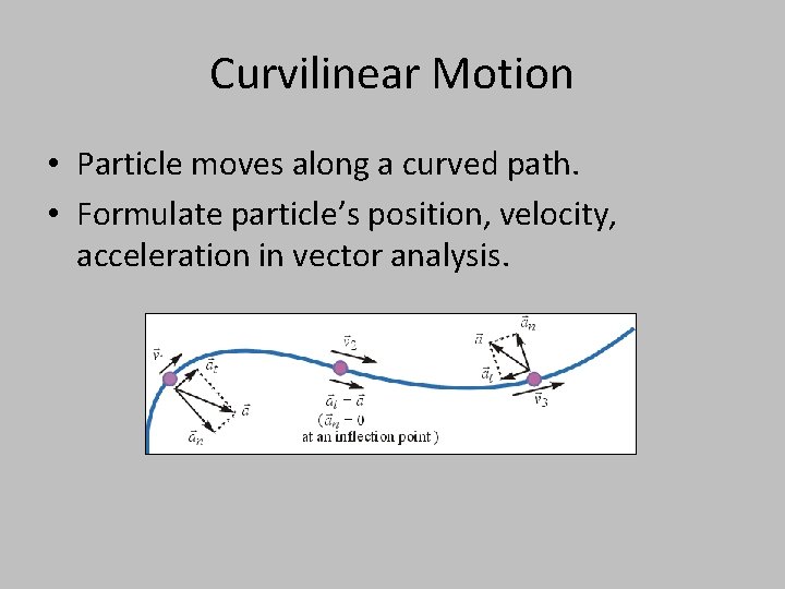 Curvilinear Motion • Particle moves along a curved path. • Formulate particle’s position, velocity,